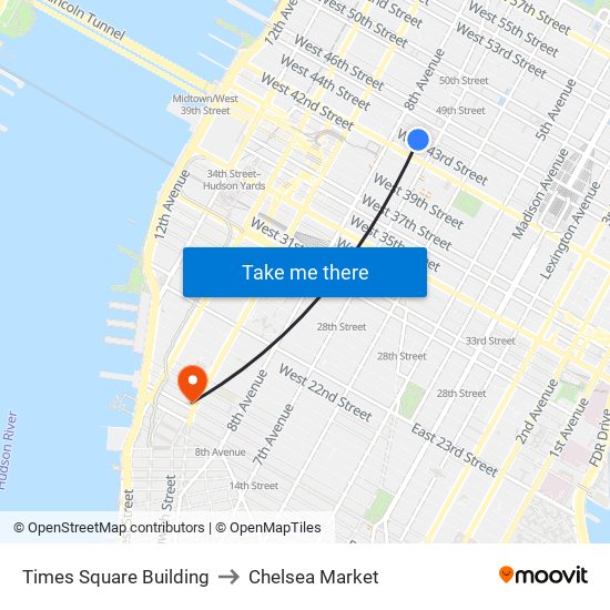 Times Square Building to Chelsea Market map