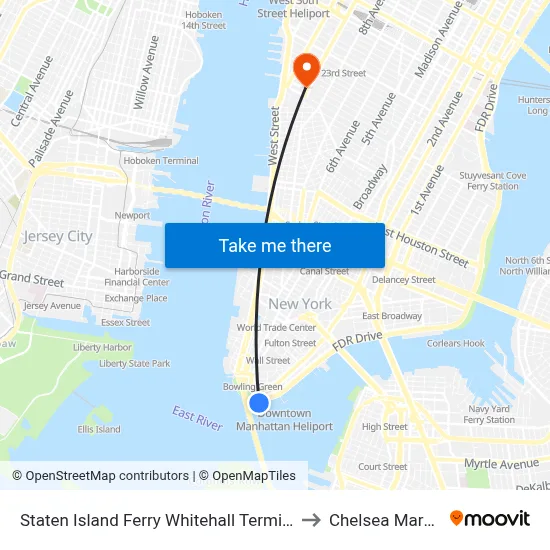 Staten Island Ferry Whitehall Terminal to Chelsea Market map
