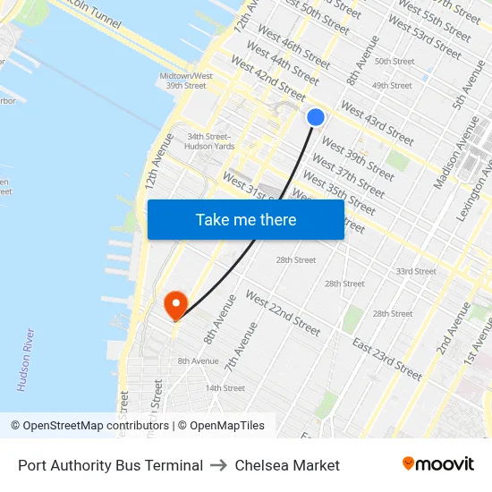 Port Authority Bus Terminal to Chelsea Market map