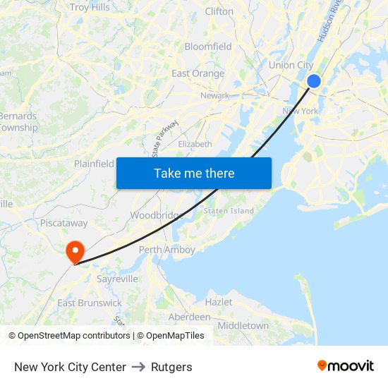 New York City Center to Rutgers map