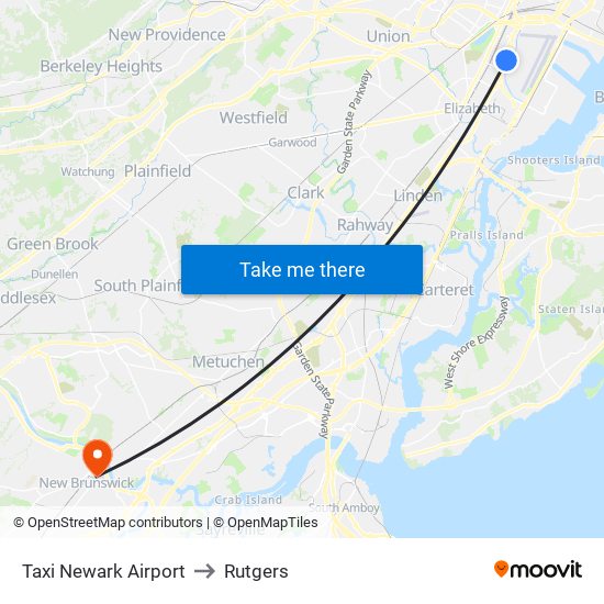 Taxi Newark Airport to Rutgers map