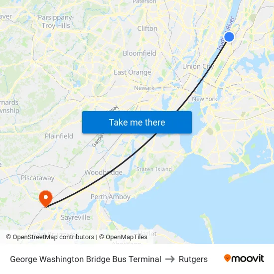 George Washington Bridge Bus Terminal to Rutgers map
