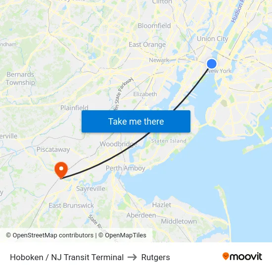 Hoboken / NJ Transit Terminal to Rutgers map