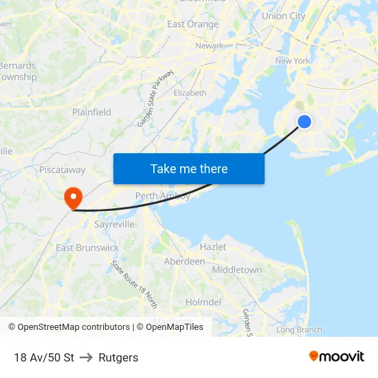 18 Av/50 St to Rutgers map