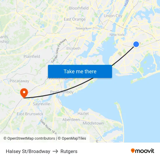 Halsey St/Broadway to Rutgers map