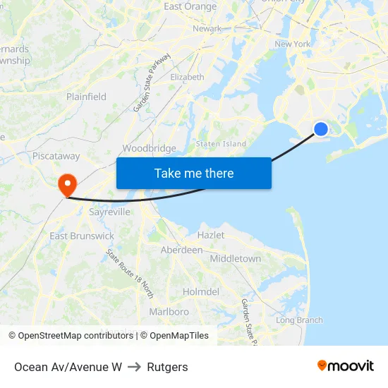 Ocean Av/Avenue W to Rutgers map