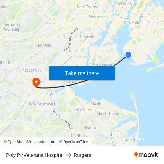 Poly Pl/Veterans Hospital to Rutgers map