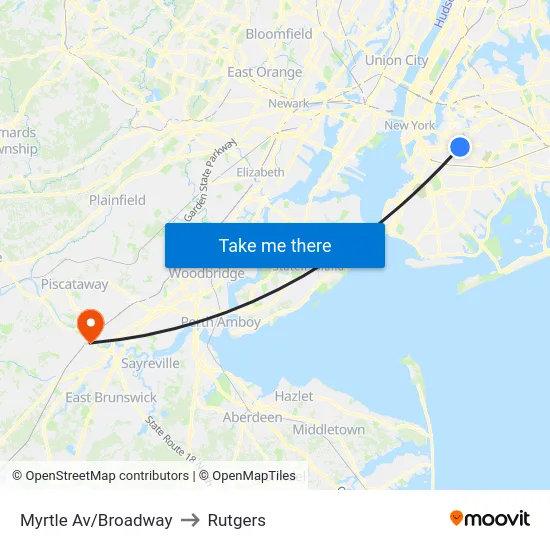 Myrtle Av/Broadway to Rutgers map