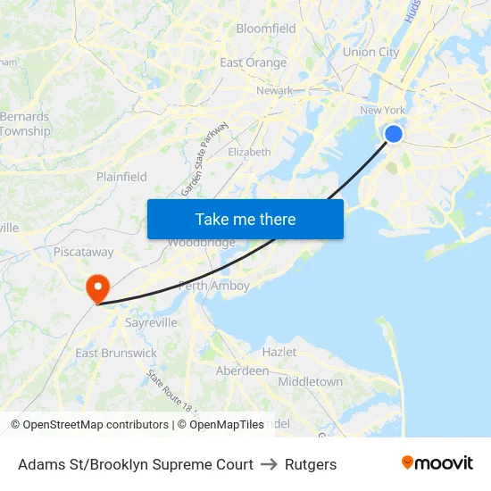 Adams St/Brooklyn Supreme Court to Rutgers map