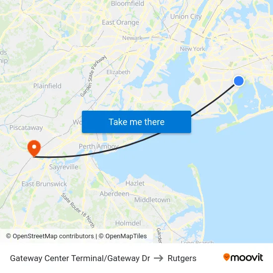 Gateway Center Terminal/Gateway Dr to Rutgers map