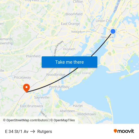 E 34 St/1 Av to Rutgers map