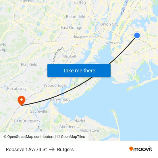 Roosevelt Av/74 St to Rutgers map
