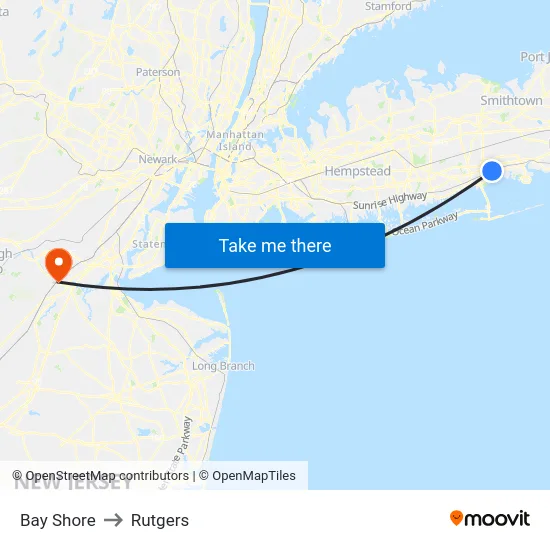 Bay Shore to Rutgers map