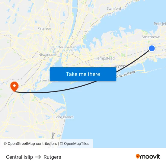 Central Islip to Rutgers map