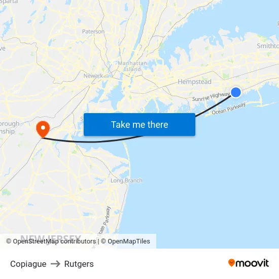 Copiague to Rutgers map