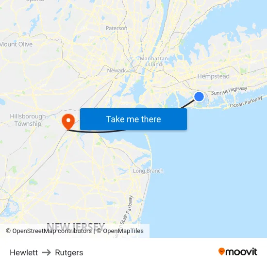 Hewlett to Rutgers map