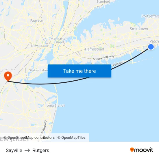 Sayville to Rutgers map