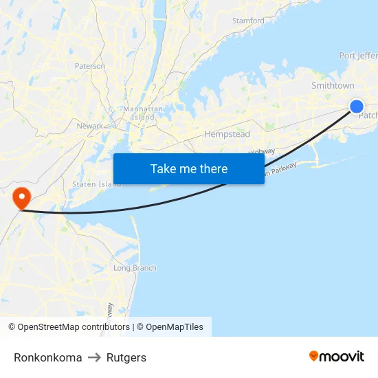 Ronkonkoma to Rutgers map