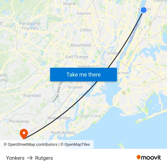 Yonkers to Rutgers map