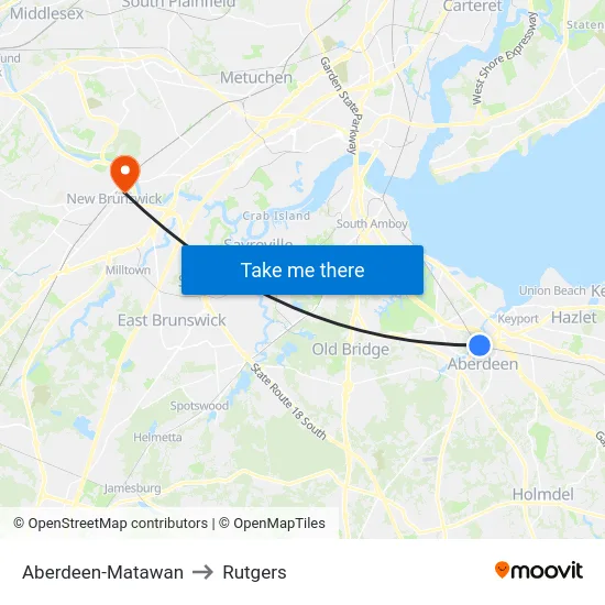 Aberdeen-Matawan to Rutgers map