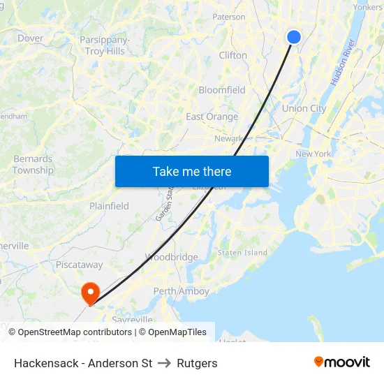 Hackensack - Anderson St to Rutgers map