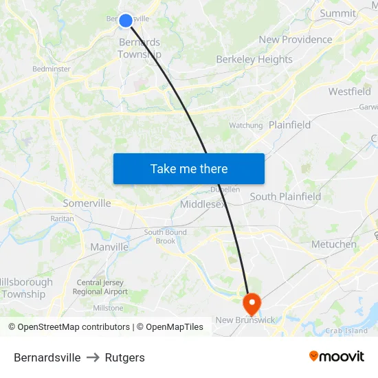 Bernardsville to Rutgers map