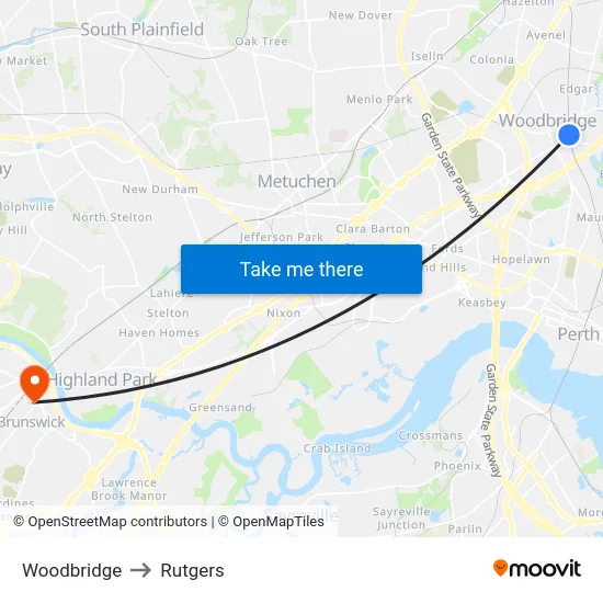 Woodbridge to Rutgers map