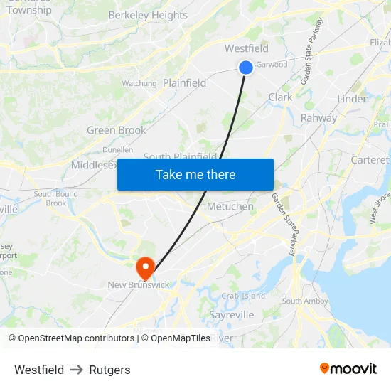 Westfield to Rutgers map