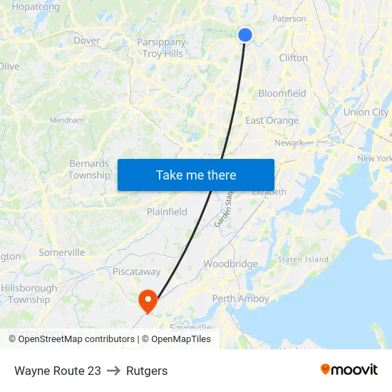 Wayne Route 23 to Rutgers map