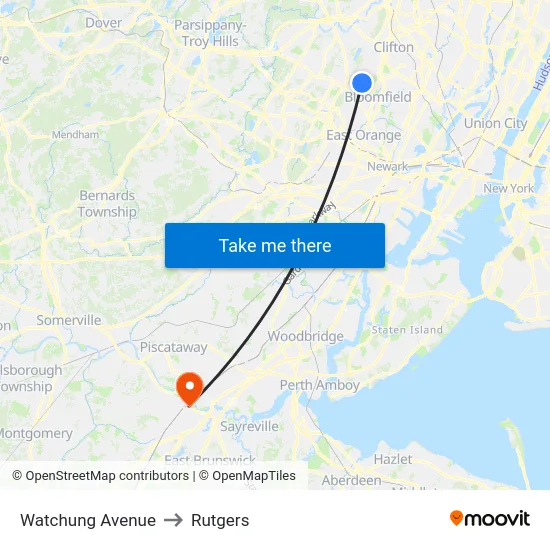 Watchung Avenue to Rutgers map