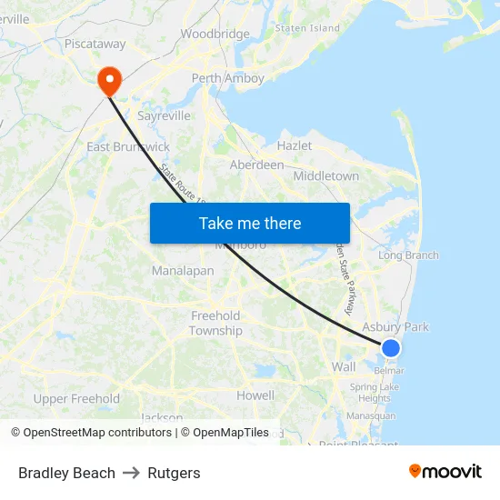 Bradley Beach to Rutgers map