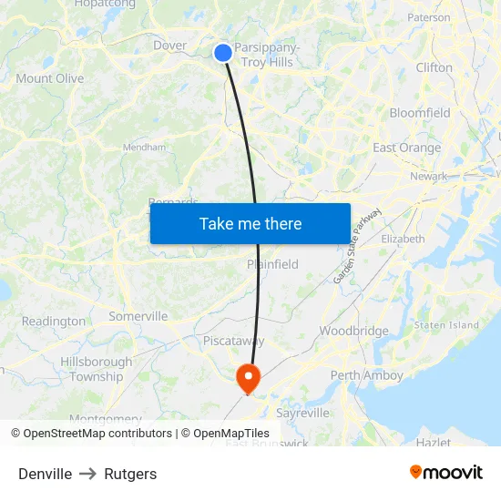 Denville to Rutgers map