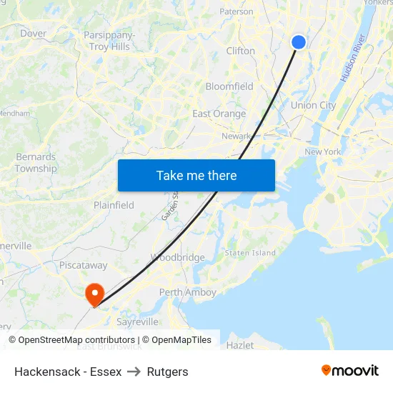 Hackensack - Essex to Rutgers map