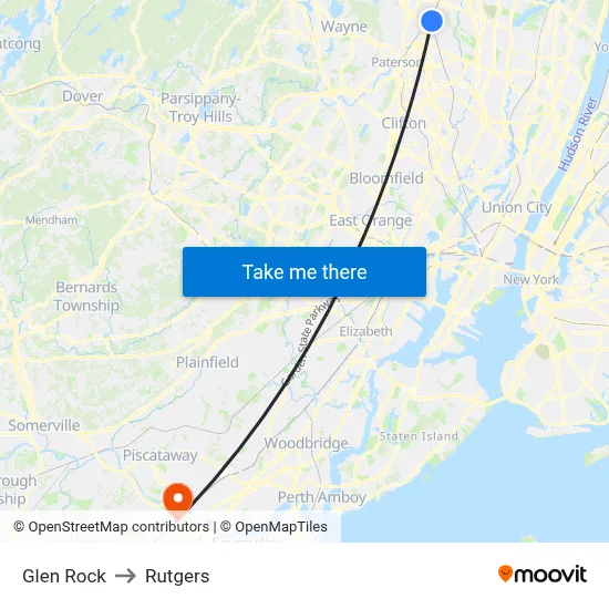 Glen Rock to Rutgers map