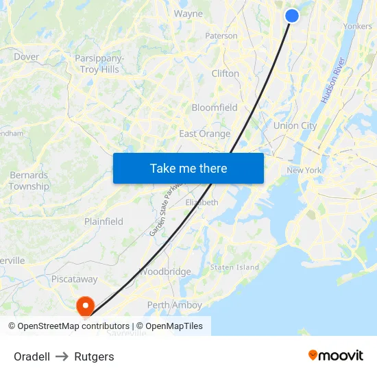 Oradell to Rutgers map