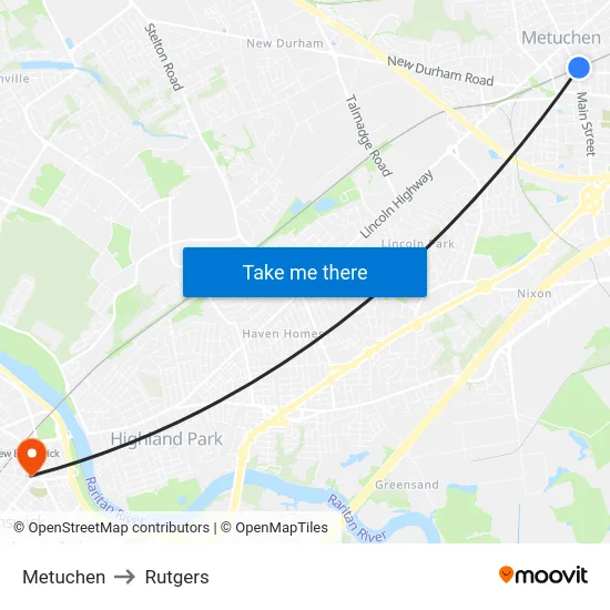 Metuchen to Rutgers map