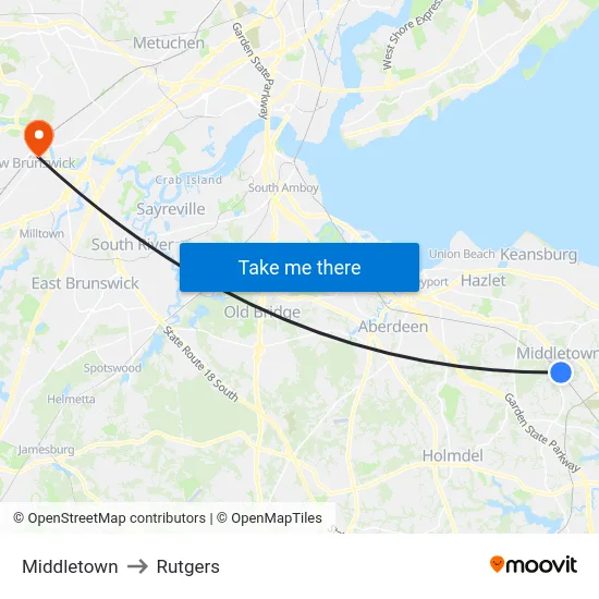 Middletown to Rutgers map