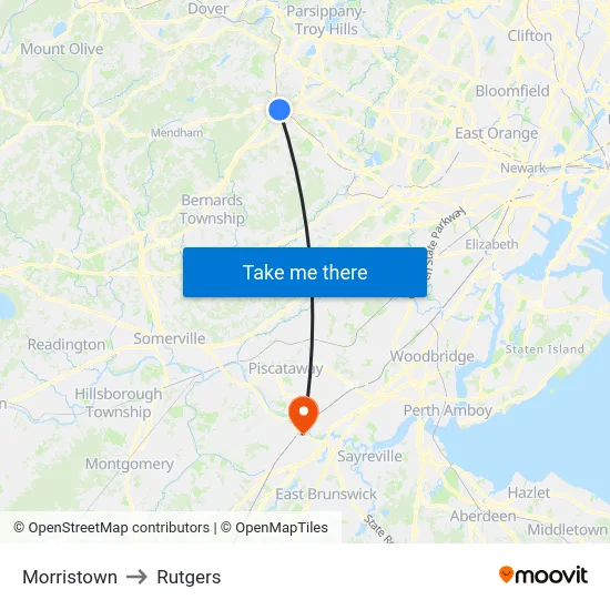 Morristown to Rutgers map