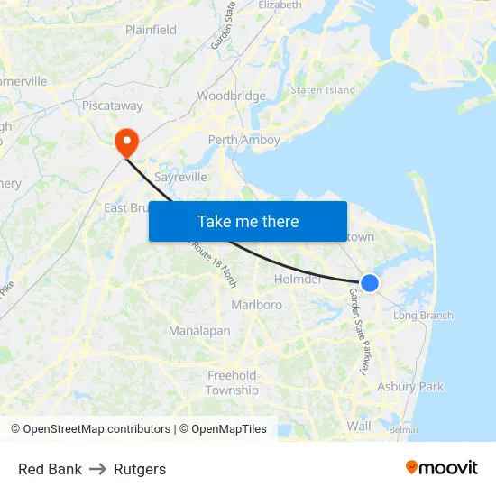 Red Bank to Rutgers map
