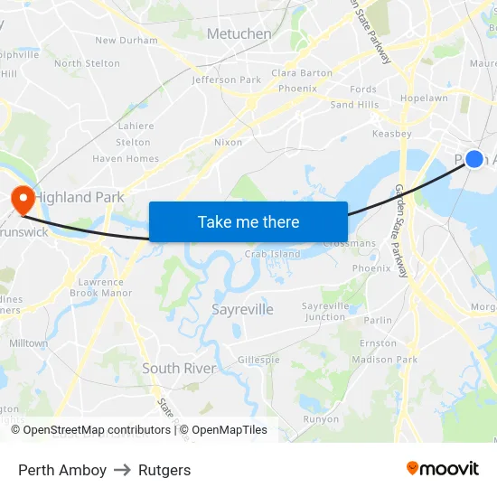 Perth Amboy to Rutgers map