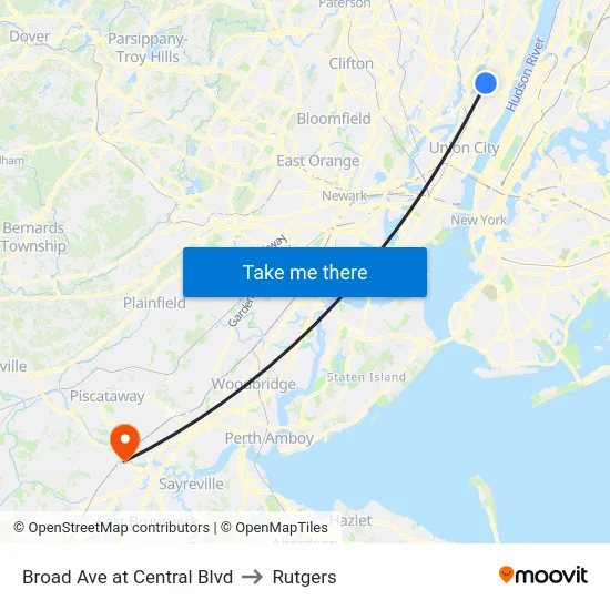 Broad Ave at Central Blvd to Rutgers map
