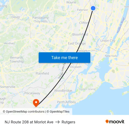 NJ Route 208 at Morlot Ave to Rutgers map