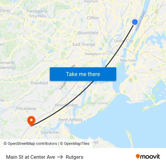 Main St at Center Ave to Rutgers map