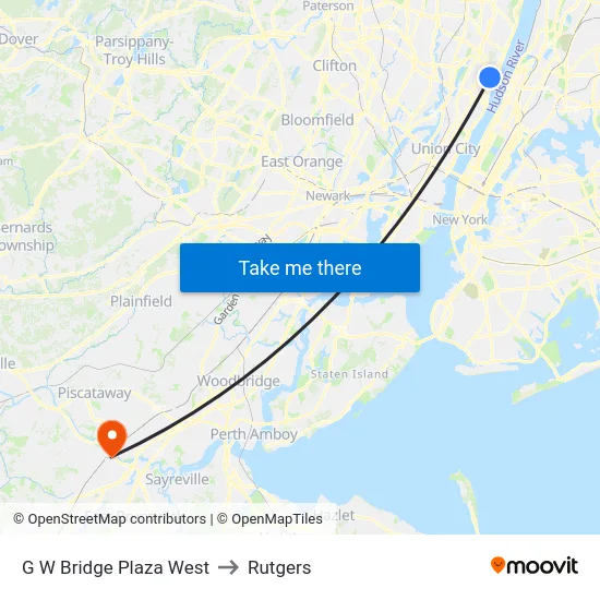 G W Bridge Plaza West to Rutgers map