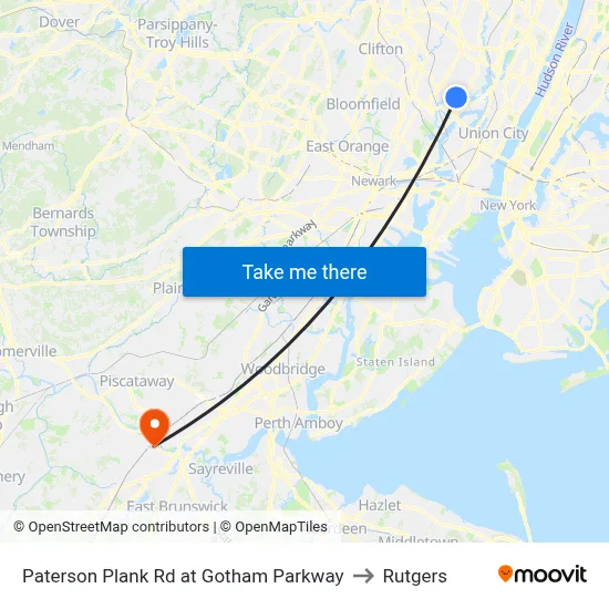 Paterson Plank Rd at Gotham Parkway to Rutgers map