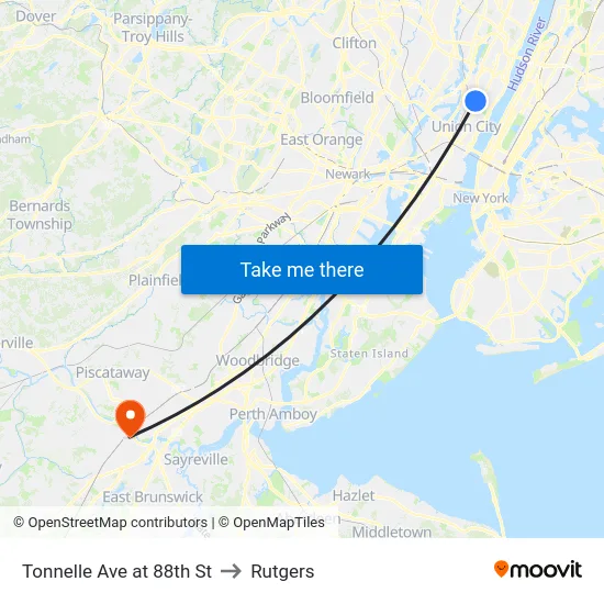 Tonnelle Ave at 88th St to Rutgers map