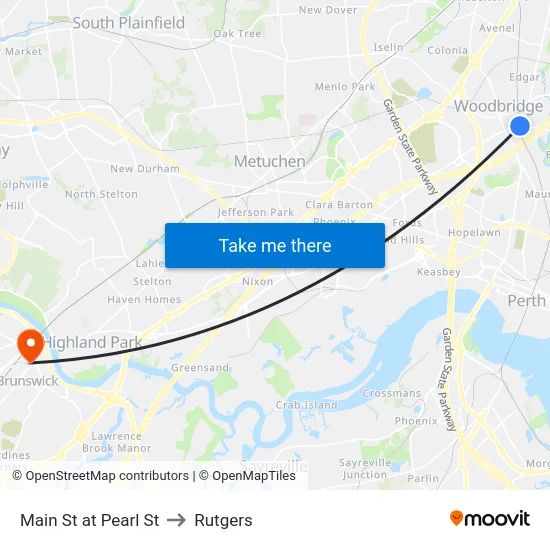 Main St at Pearl St to Rutgers map