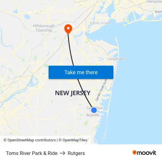 Toms River Park & Ride to Rutgers map