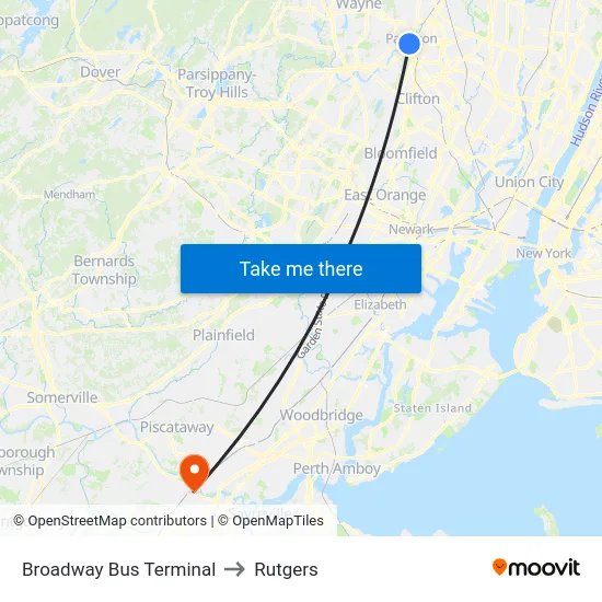 Broadway Bus Terminal to Rutgers map