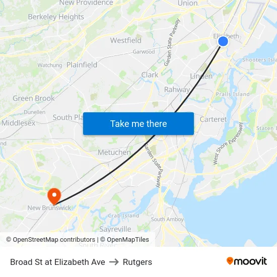 Broad St at Elizabeth Ave to Rutgers map